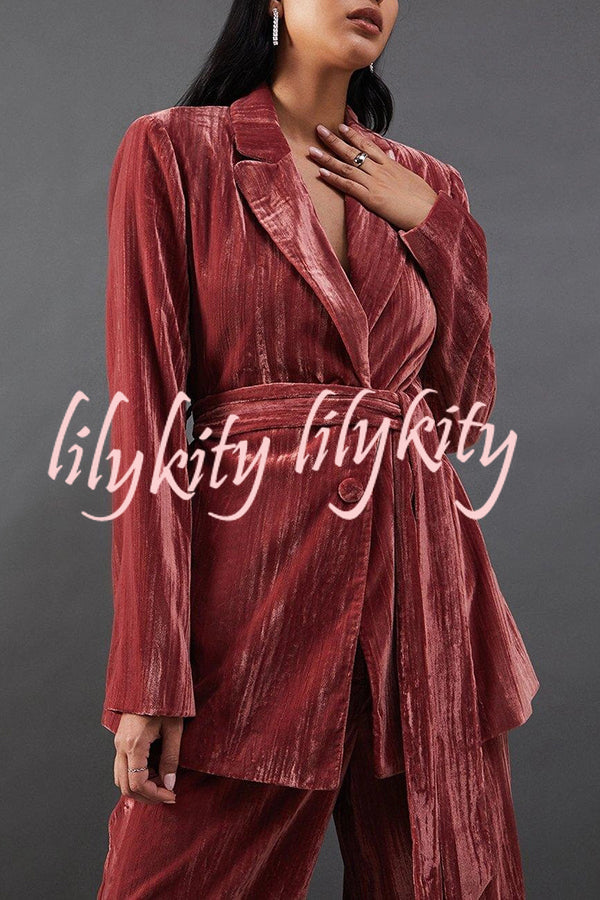 Solid Color Velvet Long-sleeved Waist Tie Top and Elastic Waist Casual Pocket Straight-leg Pants Set