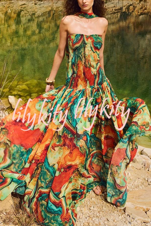Vacay Vibes Colorful Lava Print Off Shoulder Smocked Scarf Maxi Dress