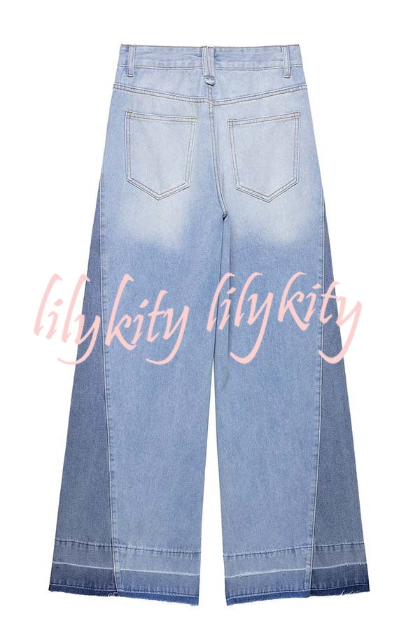 Ellison Denim Side Colorblock High Rise Pocket Wide Leg Jeans