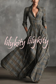 Plaid Print Long Sleeve Slim Fit Casual Pocket Maxi Dress