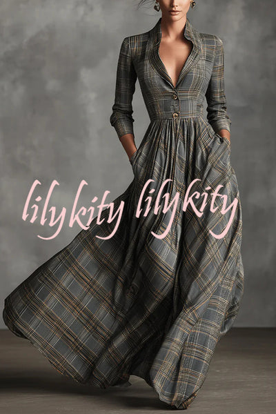 Plaid Print Long Sleeve Slim Fit Casual Pocket Maxi Dress