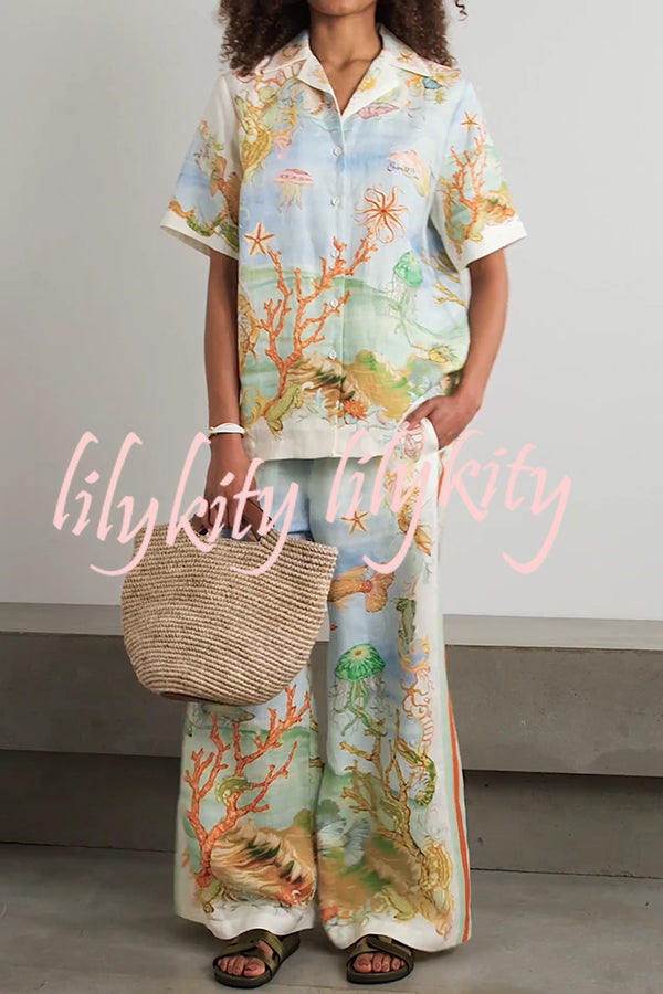 Unique Printed Lapel Short Sleeve Loose Shirt and Elastic Waist Casual Pocket Vacation Pants Set