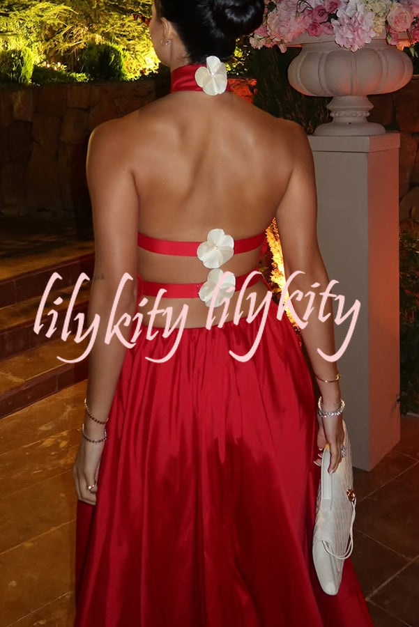 Festive Red Satin Floral Details Open Back Halter Elastic Waist Maxi Dress