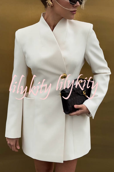 Kayleen Stand V-neck Decorative Metal Button Long Sleeve Pocket Blazer Mini Dress