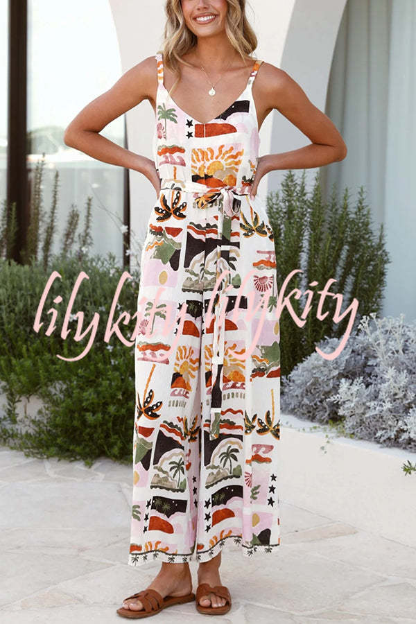 Unique Beach Vacation Print V-neck Suspenders Casual Wide-leg Jumpsuit