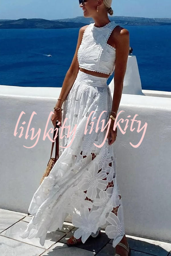Next Trip Floral Embroidery Crochet Lace Crop Tank Top and Elastic Waist Pocket Maxi Skirt Set
