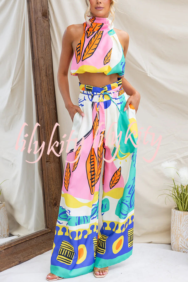 Maison Linen Blend Unique Print High Neck Top and Elastic Tie-up Waist Pocket Wide Leg Pants Set