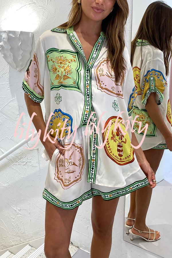 Tropical Escapes Satin Unique Print Shirt and Elastic Waist Pocketed Button Shorts Set