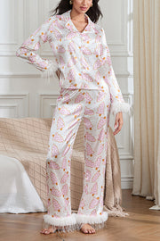 Christmas Print Feather Trim Elastic Waist Pocket Pajama Set