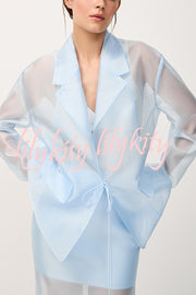 Simple and Light See-through Fabric Tie-up Long Sleeve Pocket Lapel Blazer