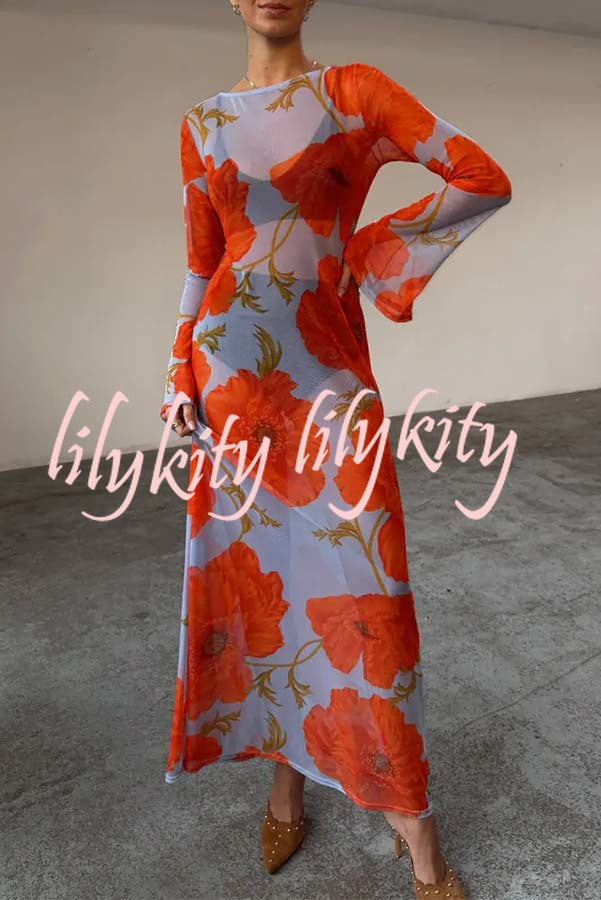 Perfect Cross-season Mesh Poppy Flower Print Long Sleeve Stretch Maxi Dress