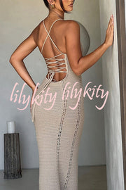 Warm Weather Favorite Knit Crochet Hollow Out Back Lace-up Stretch Maxi Dress