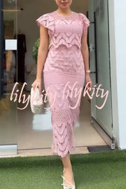 Elouise Wave Dot Embroidery Lace Back Tie-up Top and Elastic Waist Maxi Skirt Set