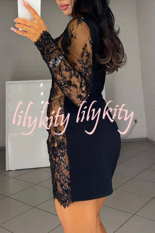 Cocktails First Floral Sequin Bead Patchwork Long Sleeve Mini Dress