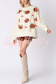 Halloween Colorful Pumpkin Embroidered Loose Casual Sweatshirt