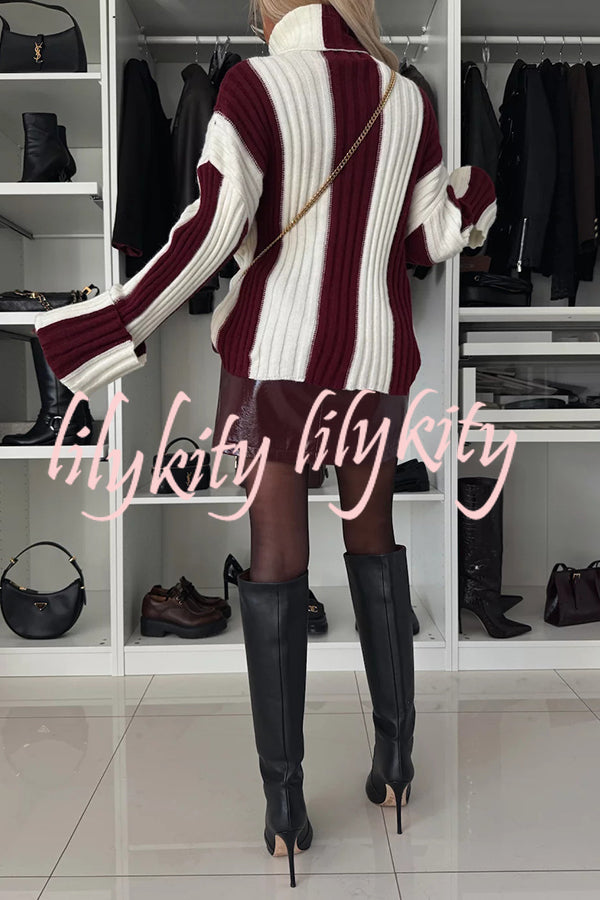 Comfort and Warmth Knit Color Block Long Sleeve Turtleneck Sweater