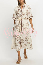Resort Style Print Lapel Short Sleeves Casual Pocket Waist Tie Loose Midi Dress