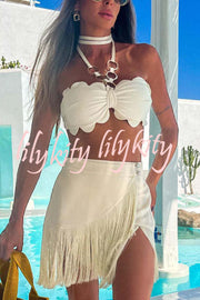 Solid Color Halter Neck Tassel Skirt Stretch Two-piece Bikini Swimsuit