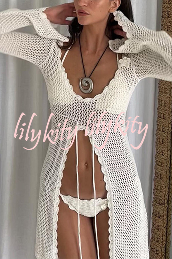 Elegant Knitted Cutout V Neck Lace Up Long Sleeves Cover Ups