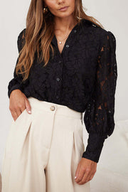 Sexy Hollow Lapel Casual Lace Shirt Top