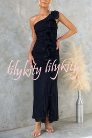 Fashion One-shoulder Pleated Sexy High Slit Slim Dress