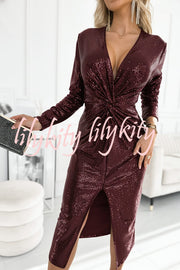 Coralia Sequin V-neck Long Sleeve Twist Waist Front Slit Midi Dress