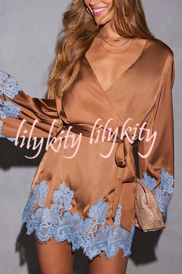 Joyful Bond Satin Lace Trim Contrast Color Bell Sleeve Tie-up Kimono Mini Dress