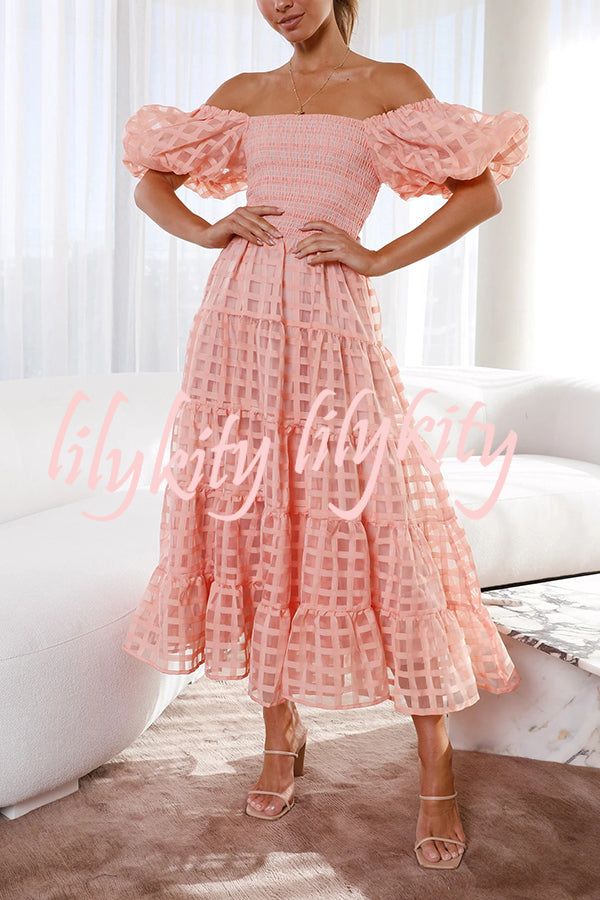 Solid Color Off-shoulder Lantern Sleeve Patchwork Midi Dress