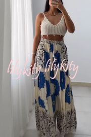 Unique Print Elastic High Waist Tie Pocket Holiday Style Wide Leg Pants