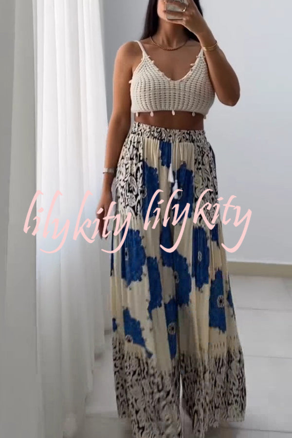 Unique Print Elastic High Waist Tie Pocket Holiday Style Wide Leg Pants