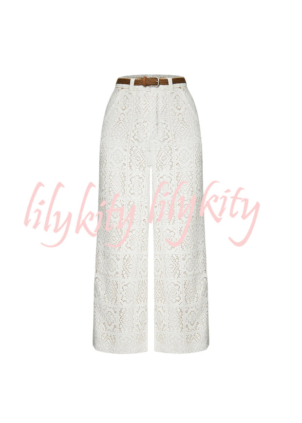 Joyful Bond Crochet Lace Mid Rise Pocketed Wide-leg Pants