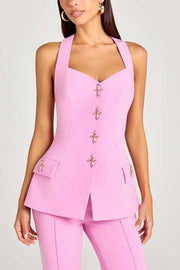 Women Power Metal Cross Snap Button Sweetheart Neck Wide Strap Vest