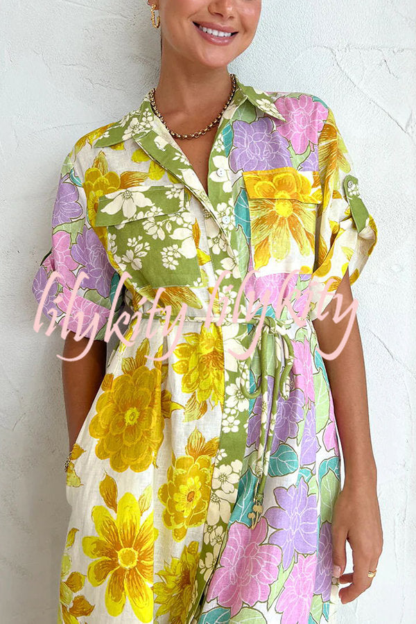 Travel Effortlessly Linen Blend Floral Patchwork Shirt Midi Dress