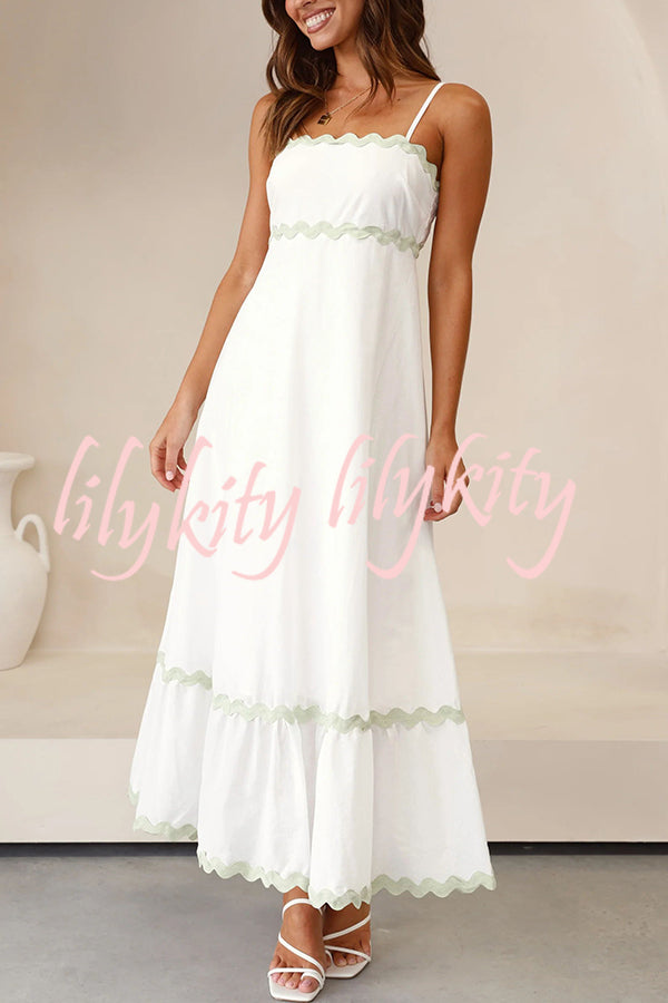 Bayside Beauty Wave Trim Patchwork Back Smocked Suspender Maxi Dress