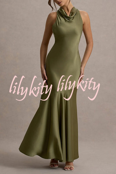 Timeless Sophistication Satin Cowl Detail Back Self-tie Halter Neck Maxi Dress