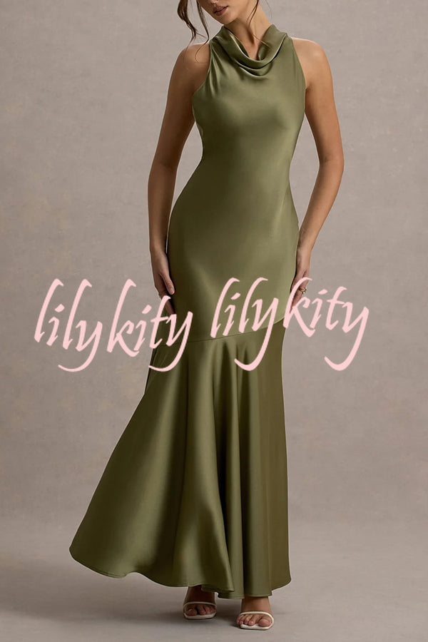 Timeless Sophistication Satin Cowl Detail Back Self-tie Halter Neck Maxi Dress