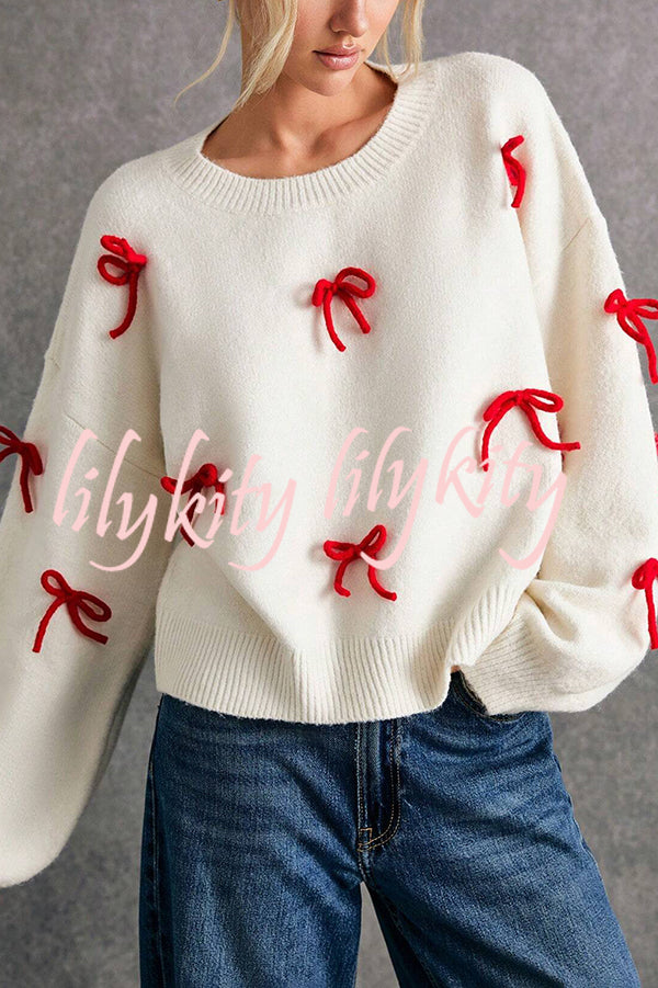 Christmas Bow Round Neck Loose Long Sleeve Knitted Sweater