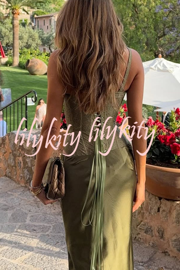 In A Fairytale Lace Satin Mid Rise Drape Maxi Skirt
