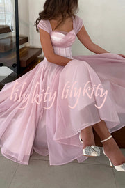 Elegant Sleeveless Waist-cinching Tulle Full-hem Maxi Dress