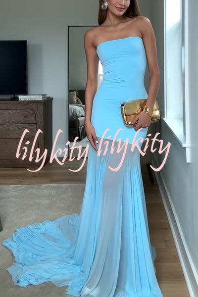 Blue Sky Off Shoulder Contrast Sheer Mesh Fabric Stretch Maxi Dress