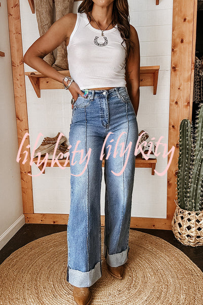 Fashion High Waist Pocket Casual Straight Jeans