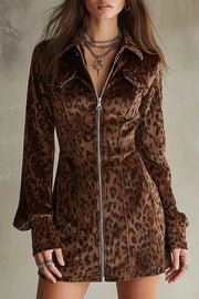 Stylish Leopard Print Suede Collar Zip-up Long-sleeved Slim-fit Mini Dress