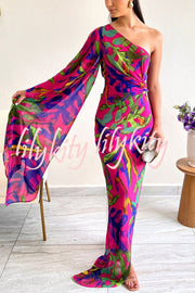 Colorful Printed One-sleeve Slim-fitting Slit Maxi Dress