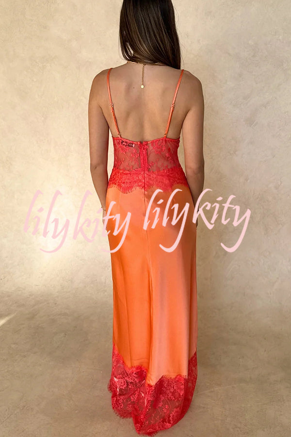 Elegant Evening Satin Lace Patchwork See-through Waist Slip Maxi Dress