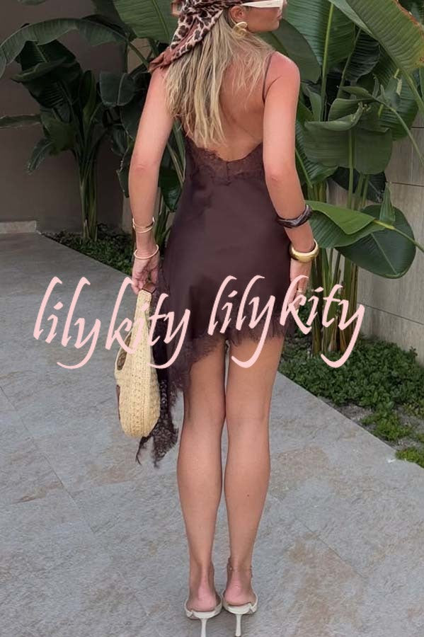 Elouise Satin Lace Trim V-neck Asymmetrical Hem Slip Mini Dress