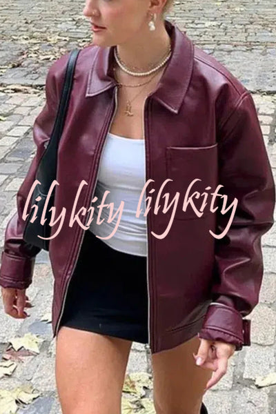 Y2K Burgundy Faux Leather Pocketed Zipper Loose Jacket