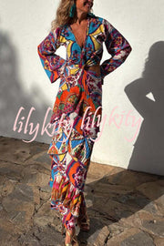 Colorful Day Unique Print Bell Sleeve Cutout Waist Layered Maxi Dress