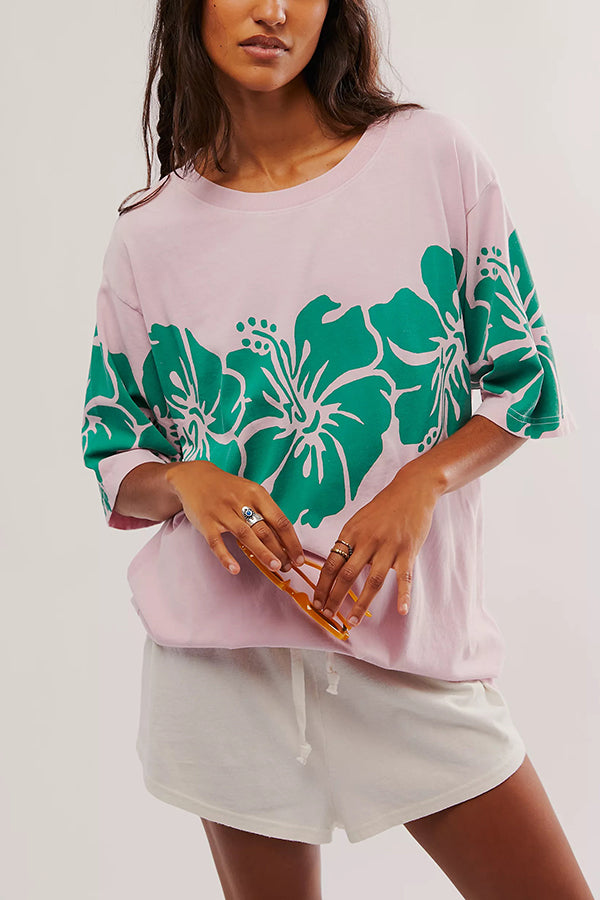 Floral Print Loose Round Neck Short Sleeve T-shirt