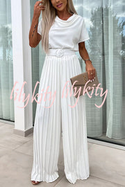 Ivy Cowl Neck Short Sleeve Belt Pleated Loose Wide Leg Jumpsuit