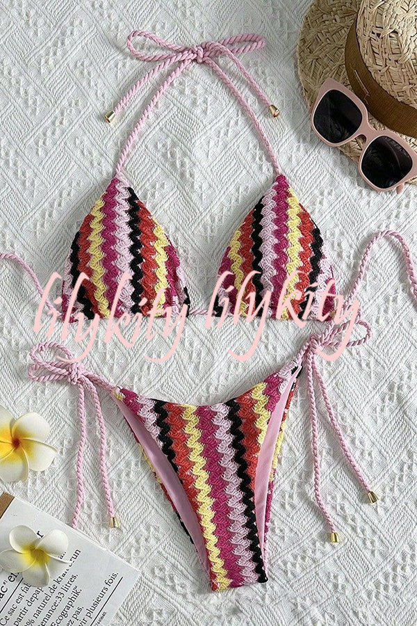 Knit Wave Unique Print Stretch Tie Bikini Swimsuit